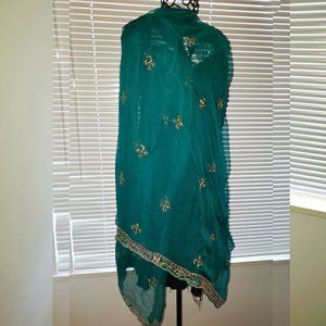 Vintage Jewel-tone Emeral Green Embroidered India Silk Sari Scarf Chiffon Veil